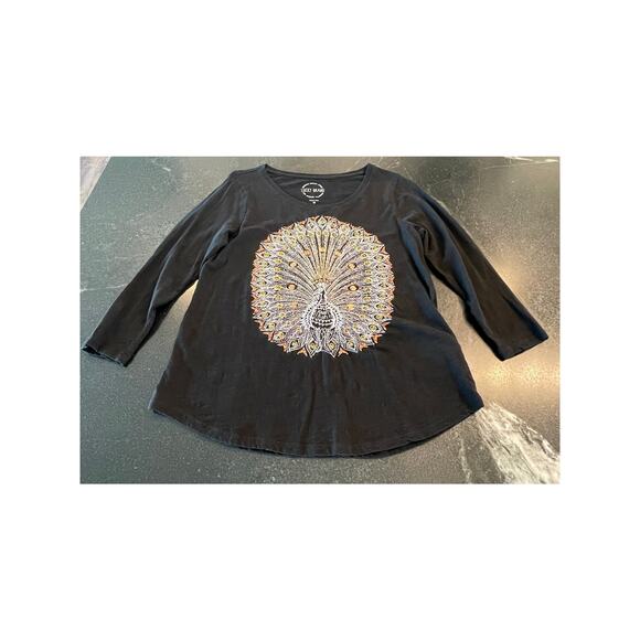 Lucky Brand Embroidered  BoHo Black T-Shirt with Peacock  design M 100% Cotton - Picture 1 of 11